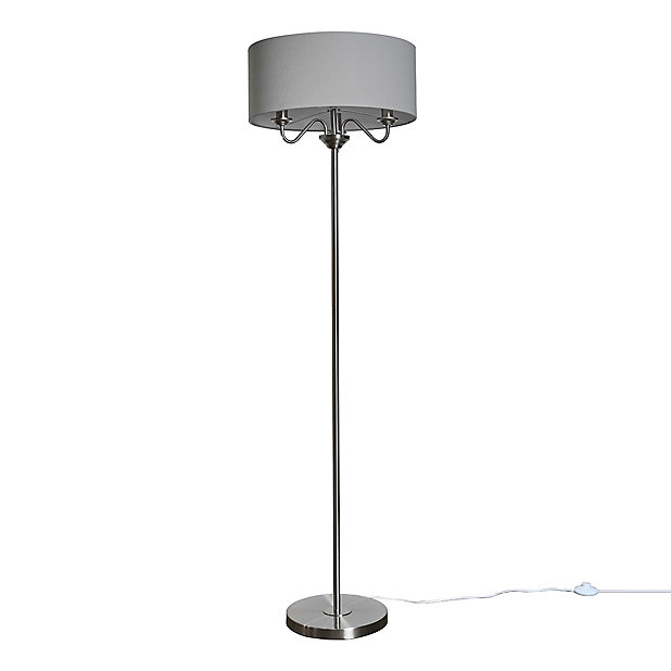 ValueLights Brushed Chrome 3 Way Multi Arm Floor Lamp With Grey Linen  Slimline Drum Shade - LED Candle Bulbs 3000K Warm White | DIY at B&Q