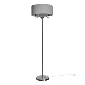 ValueLights Brushed Chrome 3 Way Multi Arm Floor Lamp With Grey Linen Slimline Drum Shade - LED Candle Bulbs 3000K Warm White