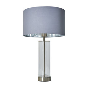 ValueLights Brushed Chrome And Clear Tube Table Lamp With Grey Chrome Cylinder Shade