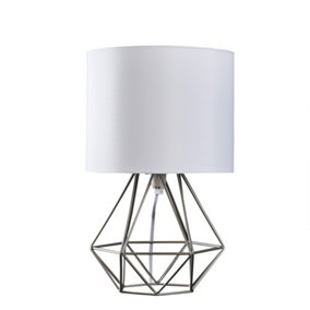 ValueLights Brushed Chrome Metal Basket Cage Bed Side Table Lamp With White Fabric Shade With LED Golfball Bulb In Warm White
