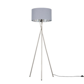 ValueLights Brushed Chrome Metal Tripod Floor Lamp With Grey And Chrome Shade