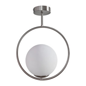 ValueLights Brushed Chrome Ring & Opal Glass Globe Shade Ceiling Light Fitting - Complete With 4w LED Globe Bulb In Warm White