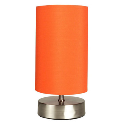 ValueLights Brushed Chrome Touch Dimmer Bedside Table Lamp With Orange Cylinder Light Shade