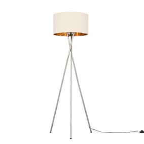 ValueLights Brushed Chrome Tripod Floor Lamp With Beige And Gold Shade