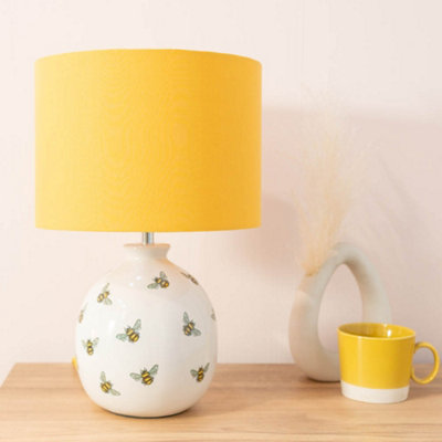 ValueLights Bumble Bee Ceramic Bedside Table Lamp with a Yellow Fabric Lampshade - Bulb Included