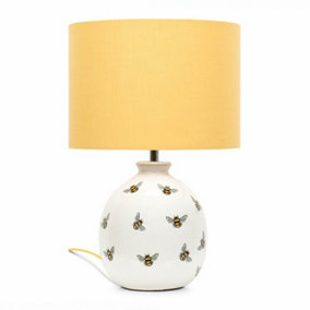 ValueLights Bumble Bee Ceramic Bedside Table Lamp with a Yellow Fabric Lampshade - Bulb Included