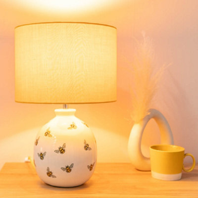 ValueLights Bumble Bee Ceramic Bedside Table Lamp with a Yellow Fabric Lampshade