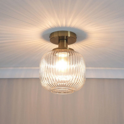 ValueLights Calpe Gold Flush Ceiling Light with Ribbed Clear Glass Shade - LED Bulb Included