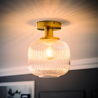 ValueLights Calpe Gold Semi Flush Ceiling Light with Ribbed Clear Glass Shade and Bulb