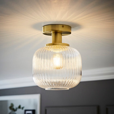 ValueLights Calpe Gold Semi Flush Ceiling Light with Ribbed Clear Glass Shade and Bulb