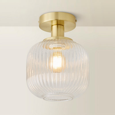 ValueLights Calpe Gold Semi Flush Ceiling Light with Ribbed Clear Glass Shade and Bulb