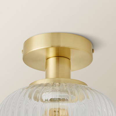 ValueLights Calpe Gold Semi Flush Ceiling Light with Ribbed Clear Glass Shade and Bulb
