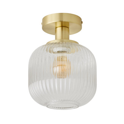 ValueLights Calpe Gold Semi Flush Ceiling Light with Ribbed Clear Glass Shade and Bulb