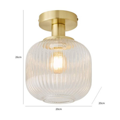 ValueLights Calpe Gold Semi Flush Ceiling Light with Ribbed Clear Glass Shade and Bulb