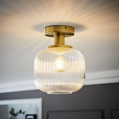 ValueLights Calpe Gold Semi Flush Ceiling Light with Ribbed Clear Glass Shade