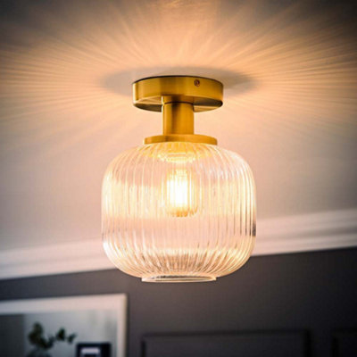 ValueLights Calpe Gold Semi Flush Ceiling Light with Ribbed Clear Glass Shade