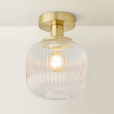 ValueLights Calpe Gold Semi Flush Ceiling Light with Ribbed Clear Glass Shade