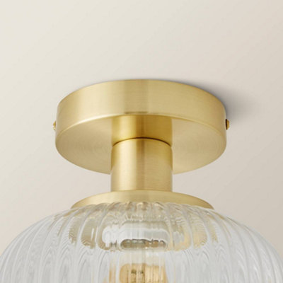 ValueLights Calpe Gold Semi Flush Ceiling Light with Ribbed Clear Glass Shade