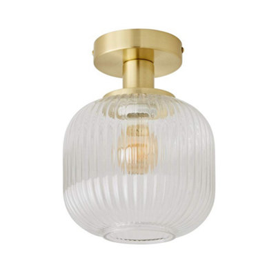 ValueLights Calpe Gold Semi Flush Ceiling Light with Ribbed Clear Glass Shade