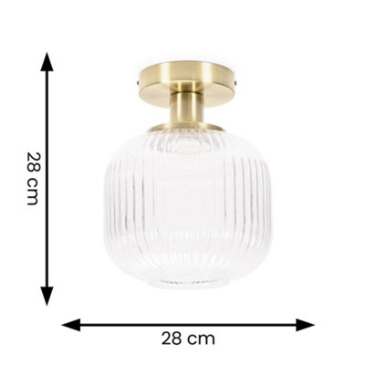 ValueLights Calpe Gold Semi Flush Ceiling Light with Ribbed Clear Glass Shade