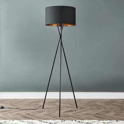 ValueLights Camden Black Tripod Floor Lamp with Black/Gold Shade and Bulb