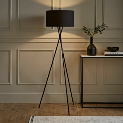 ValueLights Camden Black Tripod Floor Lamp with Drum Shade and Bulb