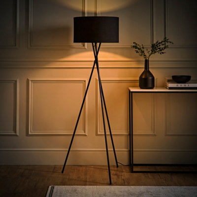 ValueLights Camden Black Tripod Floor Lamp with Drum Shade and Bulb