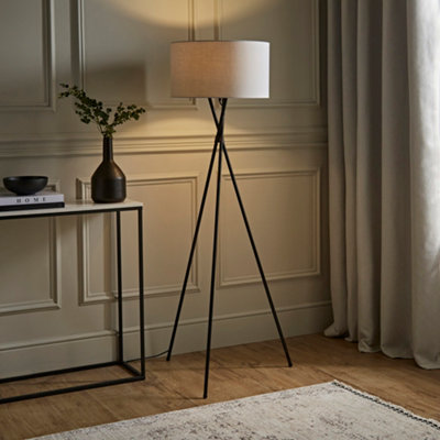 ValueLights Camden Black Tripod Floor Lamp with Grey Drum Shade