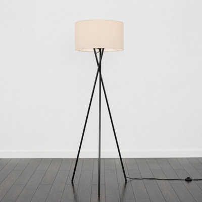 ValueLights Camden Black Tripod Floor Lamp with Natural Drum Shade and Bulb