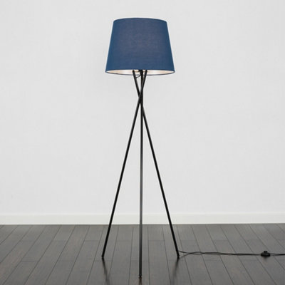 ValueLights Camden Black Tripod Floor Lamp with Navy Tapered Shade and Bulb