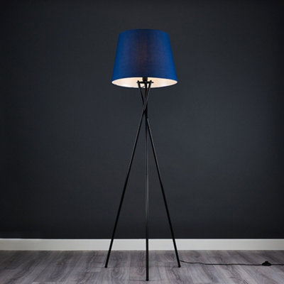 ValueLights Camden Black Tripod Floor Lamp with Navy Tapered Shade and Bulb