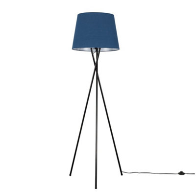 ValueLights Camden Black Tripod Floor Lamp with Navy Tapered Shade and Bulb