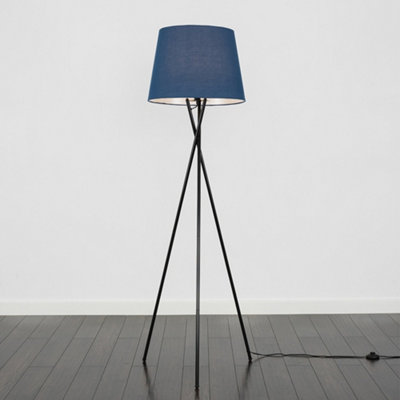 ValueLights Camden Black Tripod Floor Lamp with Navy Tapered Shade and Bulb