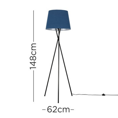 ValueLights Camden Black Tripod Floor Lamp with Navy Tapered Shade and Bulb