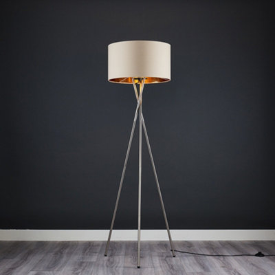 ValueLights Camden Brushed Chrome Tripod Floor Lamp with Beige/Gold Shade and Bulb