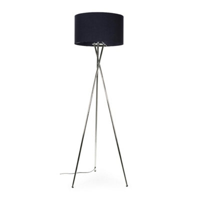 ValueLights Camden Brushed Chrome Tripod Floor Lamp with Navy Drum Shade and Bulb