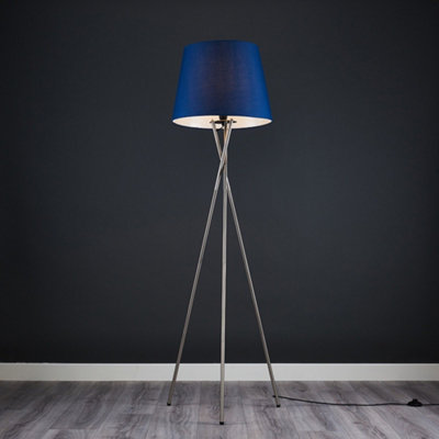 ValueLights Camden Brushed Chrome Tripod Floor Lamp with Navy Tapered Shade and Bulb