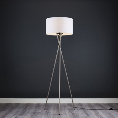 ValueLights Camden Brushed Chrome Tripod Floor Lamp with White Drum Shade