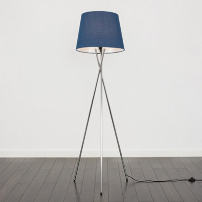 ValueLights Camden Chrome Tripod Floor Lamp with Navy Tapered Shade and Bulb
