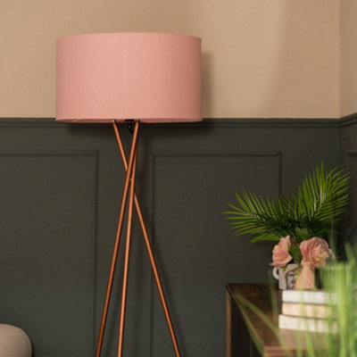 ValueLights Camden Copper Tripod Floor Lamp with Blush Drum Shade and Bulb