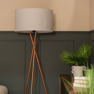 ValueLights Camden Copper Tripod Floor Lamp with Grey Drum Shade and Bulb