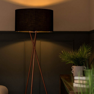 ValueLights Camden Copper Tripod Floor Lamp with Navy Drum Shade and Bulb