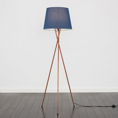 ValueLights Camden Copper Tripod Floor Lamp with Navy Tapered Shade and Bulb