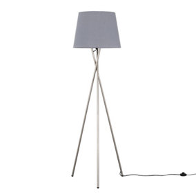 ValueLights Camden Modern Brushed Chrome Tripod Floor Lamp with Grey Fabric Shade