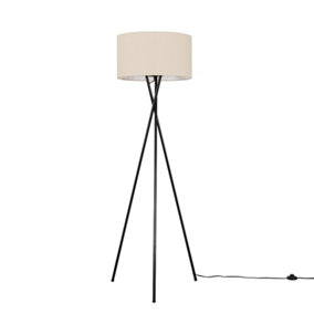 ValueLights Camden Modern Gloss Black Metal Tripod Floor Lamp with Beige Cylinder Shade