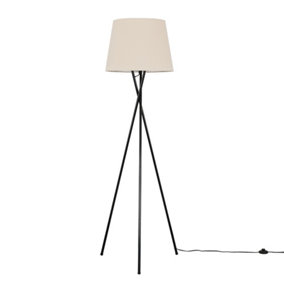 ValueLights Camden Modern Gloss Black Metal Tripod Floor Lamp with Beige Shade