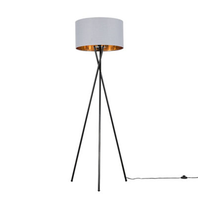 ValueLights Camden Modern Gloss Black Metal Tripod Floor Lamp with Grey and Gold Cylinder Shade