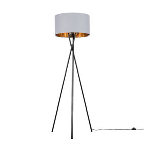 ValueLights Camden Modern Gloss Black Metal Tripod Floor Lamp with Grey and Gold Cylinder Shade