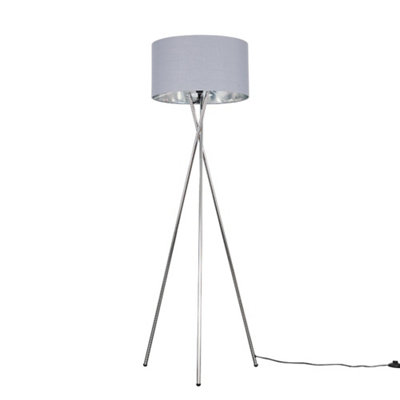 ValueLights Camden Modern Polished Chrome Metal Tripod Floor Lamp with Grey and Chrome Cylinder Shade