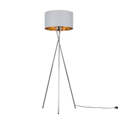 ValueLights Camden Modern Polished Chrome Metal Tripod Floor Lamp with Grey and Gold Cylinder Shade